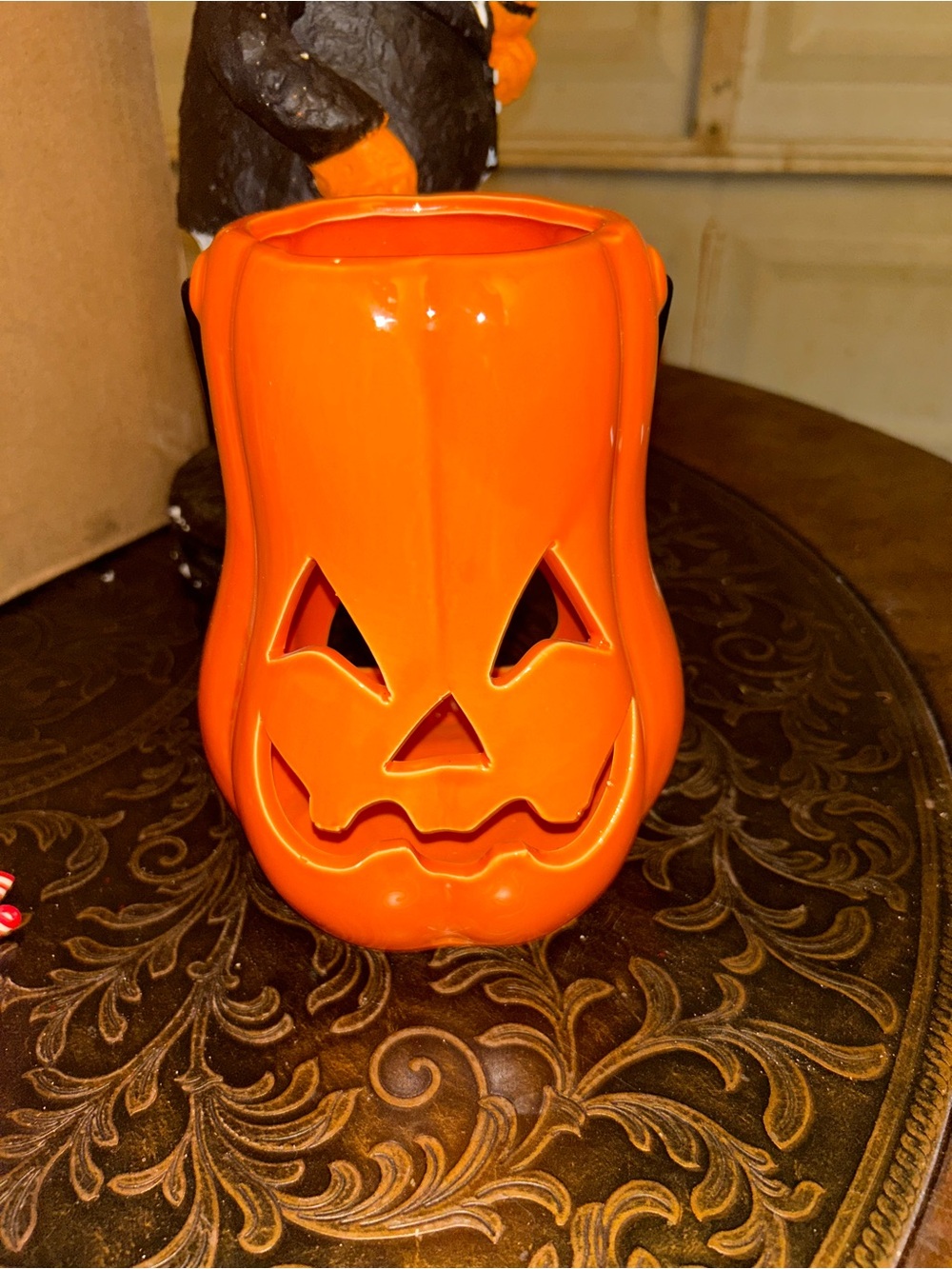 Source Unknown Bright Orange Ceramic Jack-O'-Lantern tealight holder